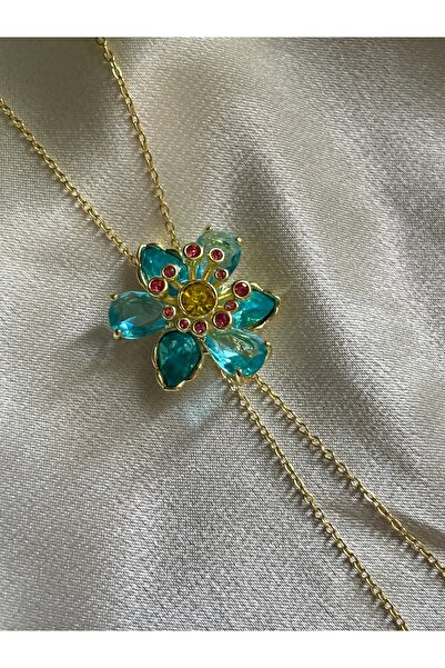 lotusbybuket Mavi zirkon Taşlı çiçek asansörlü gold Y Dekolte kolye