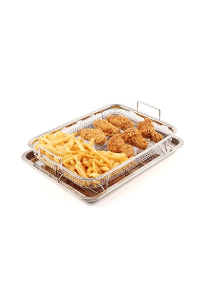 ABAREEK Stainless steel air fryer basket and tray for oven, 8 x 24.5 cm x 32.5 cm rectangular, silver