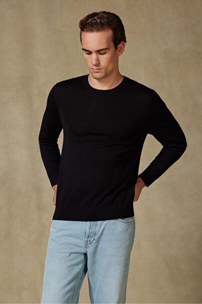 Abbate Salvano Knitted 100% Wool Modern Fit Black Crew Neck Men's Plain Knitwear