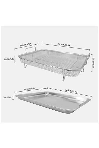 ABAREEK Stainless steel air fryer basket and tray for oven, 8 x 24.5 cm x 32.5 cm rectangular, silver