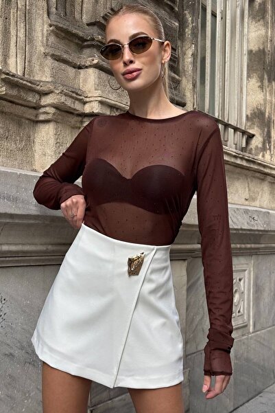 VAGGON Women's White Gold Accessory Zippered Woven Shorts Skirt Vs01639