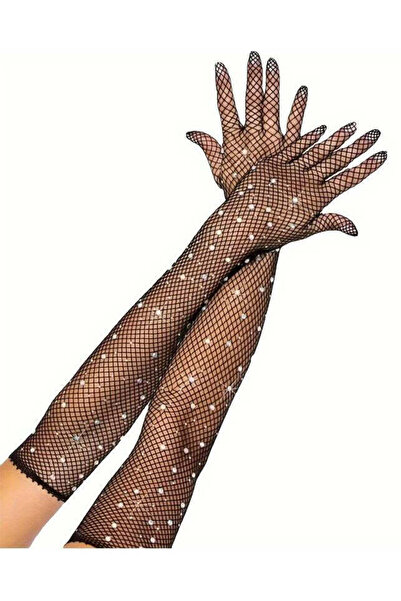 WildFashion Long gloves, made of fine mesh, accessorized with rhinestones of different sizes, Black GL74-1