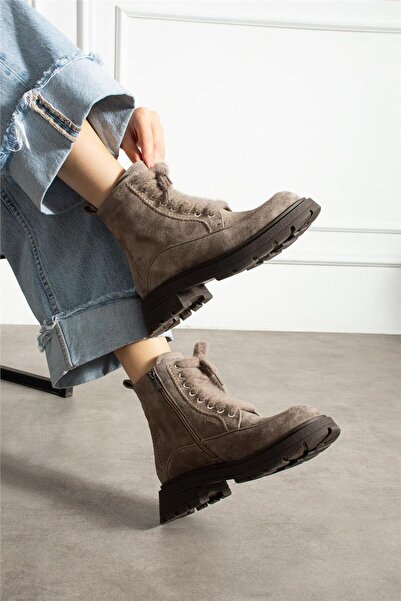 Aselin Ayakkabıları Kadın Bot & Bootie Süet Bej Orta Topuklu Casual/Günlük So...