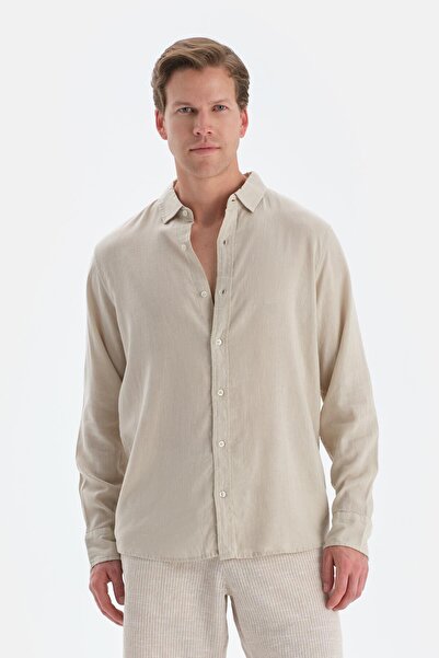 Dagi Stone Long Sleeve Linen Lyocell Contrast Shirt