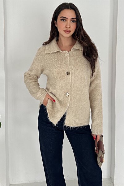FEMELLE Women's Beige Crumpled Textured Gold Button Cardigan Standard Size
