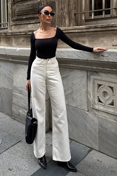 VAGGON Women's Cream 5-Pocket High Waist Palazzo Jeans Vs01638