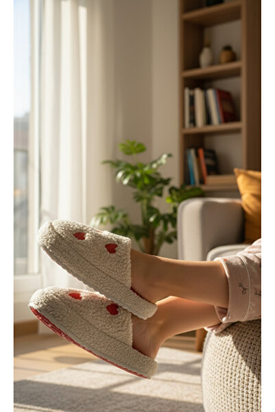 Hızlı Al Love Heart Pattern Embroidery Quiet Sole Winter Slippers. Plush Home Slippers