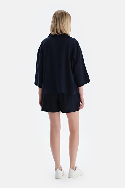 Dagi Navy Blue Long Sleeve Linen Lyocell Blend Woven Shirt