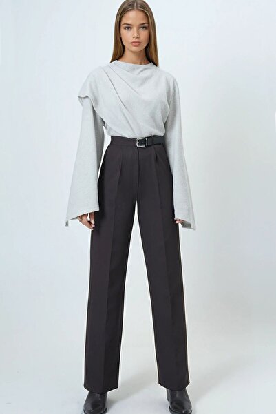 VAGGON Women's Brown Belted Button Closure Double Pocket Palazzo Pants Vs01458