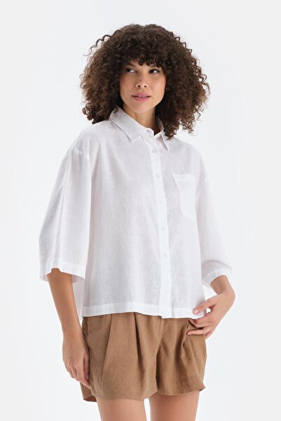 Dagi Off-White Long Sleeve Linen Lyocell Blend Woven Shirt