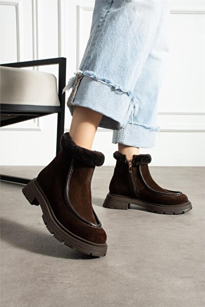 Aselin Ayakkabıları Kadın Bot & Bootie Süet Kahverengi Orta Topuklu Casual/Gü...