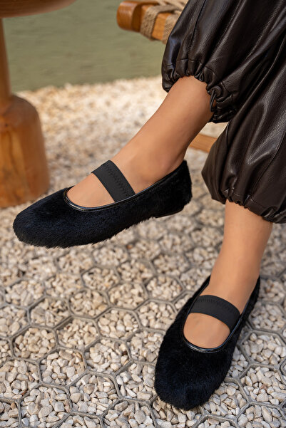 LAMİNTA Creas Black Feather Women's Elastic Women's Ballerinas