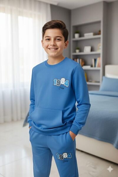 nazarbebe 1984 Printed Children's Tracksuit Set 10-12 Years Old – Oversized Looks, 2 Thread Comfortable Fit (Blue)