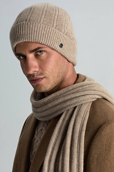 Hemington Saf Kaşmir Örgü Desenli Camel Bere