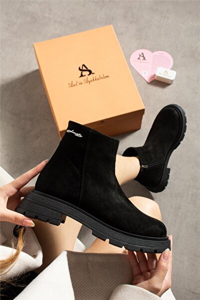 Aselin Ayakkabıları Kadın Bot & Bootie Süet Siyah Orta Topuklu Casual/Günlük ...