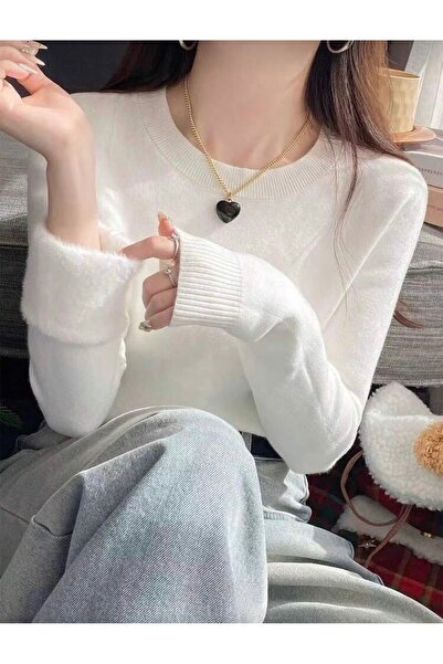 NEWCO Women's Fitted Crew Neck Ribbed Long Sleeve Wool Acrylic Sweater