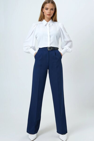VAGGON Women's Navy Blue Belted Button Closure Double Pocket Palazzo Pants Vs01458