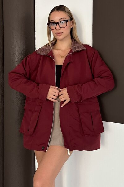 VAGGON Women's Burgundy Velvet Collar Double Pocket Lined Zipper Closure Jacket Vs01644