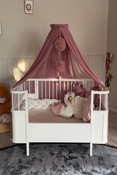 Miniden Leylak Pembe Puantiyeli Aparatlı Beşik Cibinliği