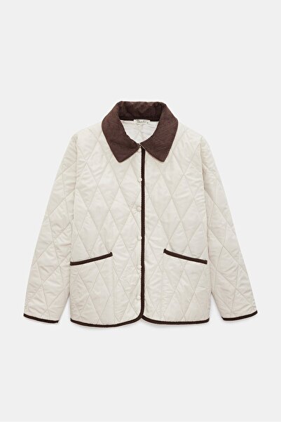 Saade Women's Relax Fit Velvet Collar Piped Detail Quilted Coat - Heritage