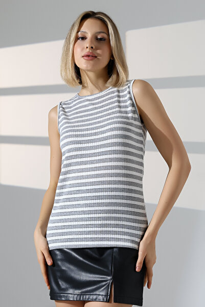 DİVİSTA Women's Gray Color Striped Glitter Tank Top