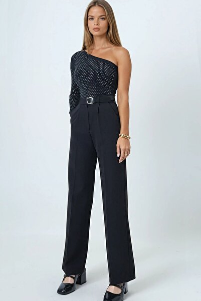 VAGGON Women's Black Belted Button Closure Double Pocket Palazzo Pants Vs01458