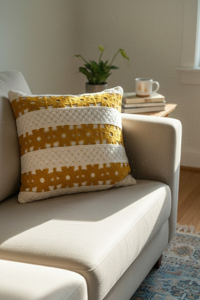 homytextiles Scalloped Daisy Pattern, Crochet Knit Square Patterned Bohemian, Modern Throw Pillow Cover, Mustard