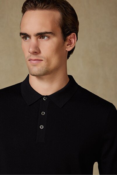 Abbate Nord Knitted 100% Wool Modern Fit Black Polo Neck Men's Plain Knitwear