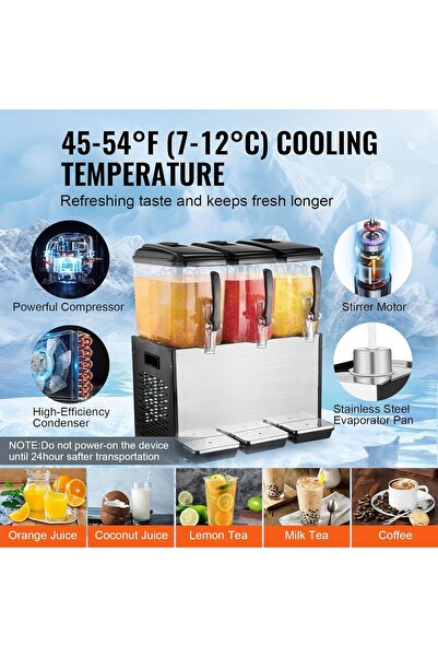 Five Stars VEVOR Commercial Beverage Dispenser, 3 Tanks 12L Per Tank, 370W Stainless Steel