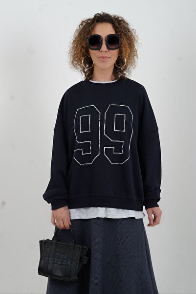 Zelish My Sister Lacivert Gümüş Taşlı Sweatshirt