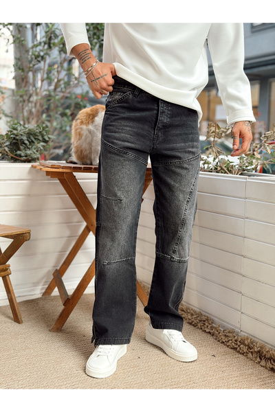 manch collection Pantaloni de denim obișnuiți cu fermoar pe picioare, negri