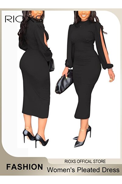 RIOXS Women's Fashion Solid Colour Pleated Dress Slim Split Sleeve Bodycon Dr...