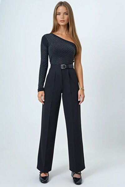 VAGGON Women's Black Belted Button Closure Double Pocket Palazzo Pants Vs01458