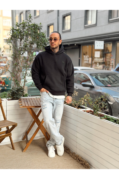 manch collection Oversize Basic Şardonlu Hoodie Siyah