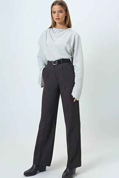 VAGGON Women's Brown Belted Button Closure Double Pocket Palazzo Pants Vs01458