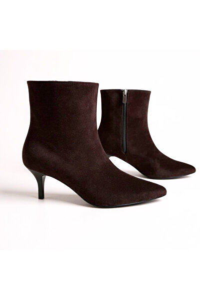 NE&VE SHOES Kahve Süet Sivri Burun Kadın Klasik Bot