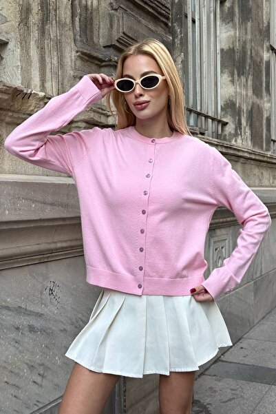 VAGGON Women's Pink Crew Neck Buttoned Knitwear Cardigan Vs01640