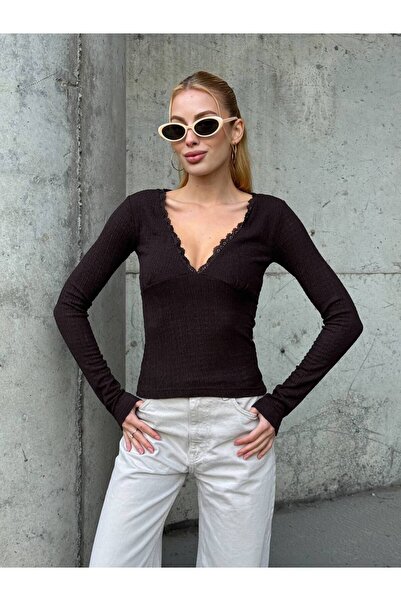 Le Savu Μοντέρνα μπλούζα με λαιμόκοψη σε σχήμα V με δαντέλα και μακρυμάνικη κ...