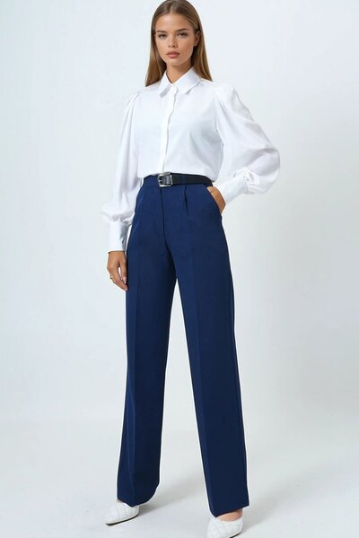 VAGGON Women's Navy Blue Belted Button Closure Double Pocket Palazzo Pants Vs01458