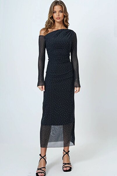 VAGGON Women's Black Stone Embroidered One Shoulder D Draped Maxi Length Dress Vs01641