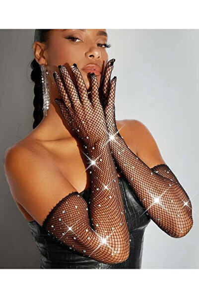 WildFashion Long gloves, made of fine mesh, accessorized with rhinestones of different sizes, Black GL74-1