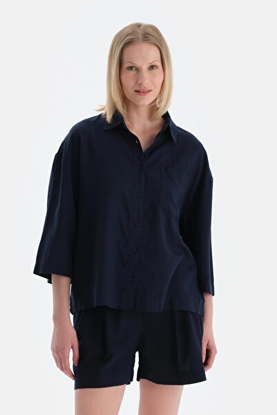 Dagi Navy Blue Long Sleeve Linen Lyocell Blend Woven Shirt