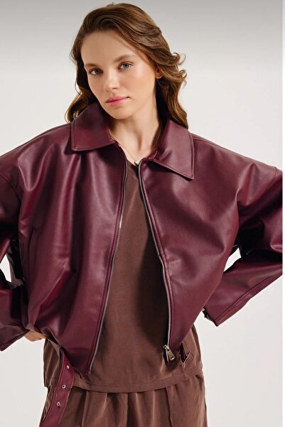 VAGGON Women's Burgundy Belt Detailed Zipper Closure Bomber Jacket Vs01129