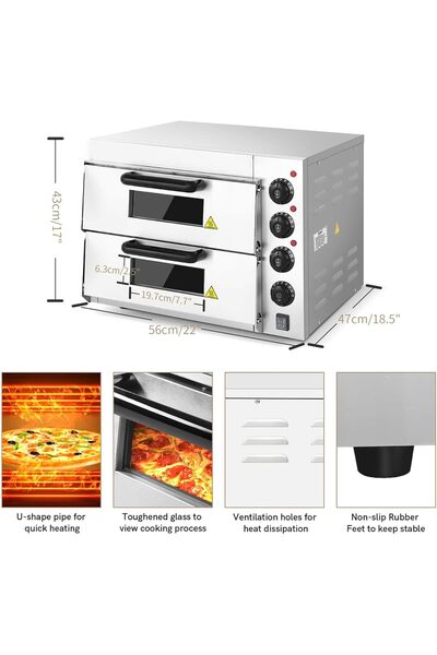 A.E Commercial Countertop Electric Pizza Oven, Stainless Steel, 2-Layer, 3000W