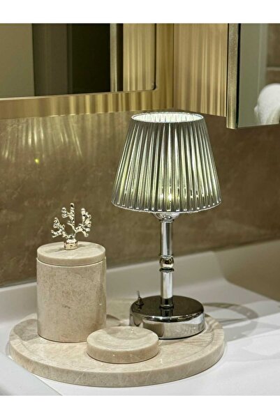 Maison Avf Gümüş Deri Kablosuz Pilli Masa Lambası - Alt Uzun Gümüş