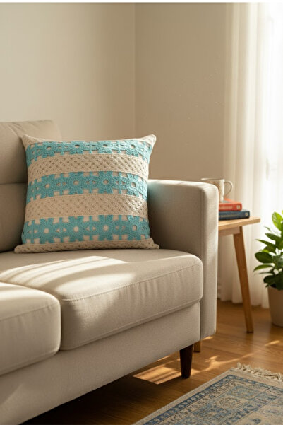 homytextiles Scalloped Daisy Pattern, Crochet Knit Square Patterned Bohemian, Modern Throw Pillow Cover, Turquoise