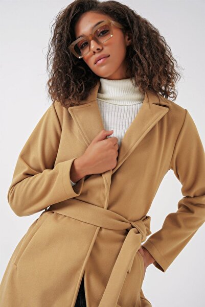 Moda Ebrar 9118 Palton cu guler dublu - Muștar