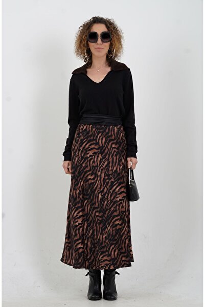 Zelish My Sister Fusta din satin cu model maro