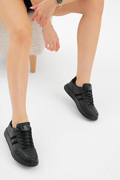 Tonny Black Unisex Black Thick Faylon Light Sole Striped Lace-Up Sports Shoes