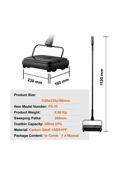 OEM Rotating broom for carpet, rugs and hard surfaces, 20 cm cleaning width, 300 ml capacity